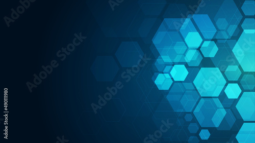 Hexagons pattern on blue background. Genetic research, molecular structure. Chemical engineering. Concept of innovation technology. Used for design healthcare, science and medicine background
