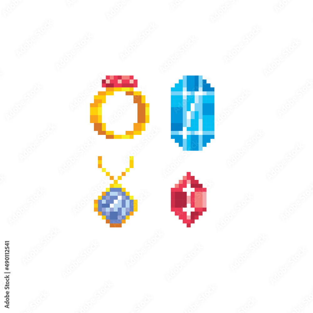 Pixel art icon set. Women's accessories. Crown, lips, ring, diamond, perfume, hanger and pendant. Knitted design. Isolated vector illustration. Old school computer graphic style.