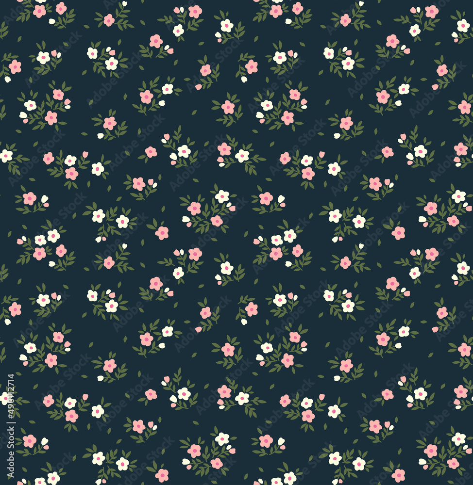 Vector seamless pattern. Pretty pattern in small flowers. Small pink and white flowers. Dark blue background. Ditsy floral background. The elegant the template for fashion prints. Stock vector. Vector seamless pattern. Pretty pattern in small flowers. Small pink and white flowers. Dark blue background. Ditsy floral background. The elegant the template for fashion prints. Stock vector.