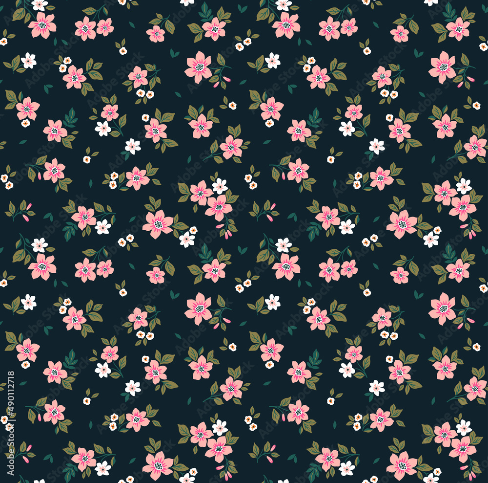 Beautiful floral pattern in small abstract flowers. Small pink flowers. Dark Blue background. Ditsy print. Floral seamless background. The elegant the template for fashion prints. Stock pattern.