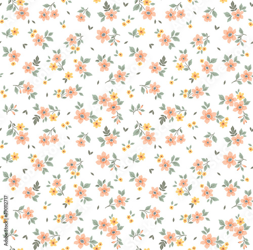 Vintage floral background. Floral pattern with small pastel coral flowers on a white background. Seamless pattern for design and fashion prints. Ditsy style. Stock vector illustration.