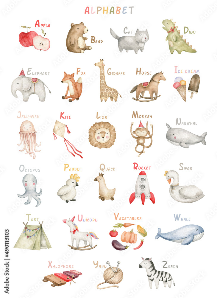 Alphabet poster for children, words, animals. ABC kid poster. Education for  baby. Nursery wall art, poster. English preschool alphabet. Stock  Illustration | Adobe Stock