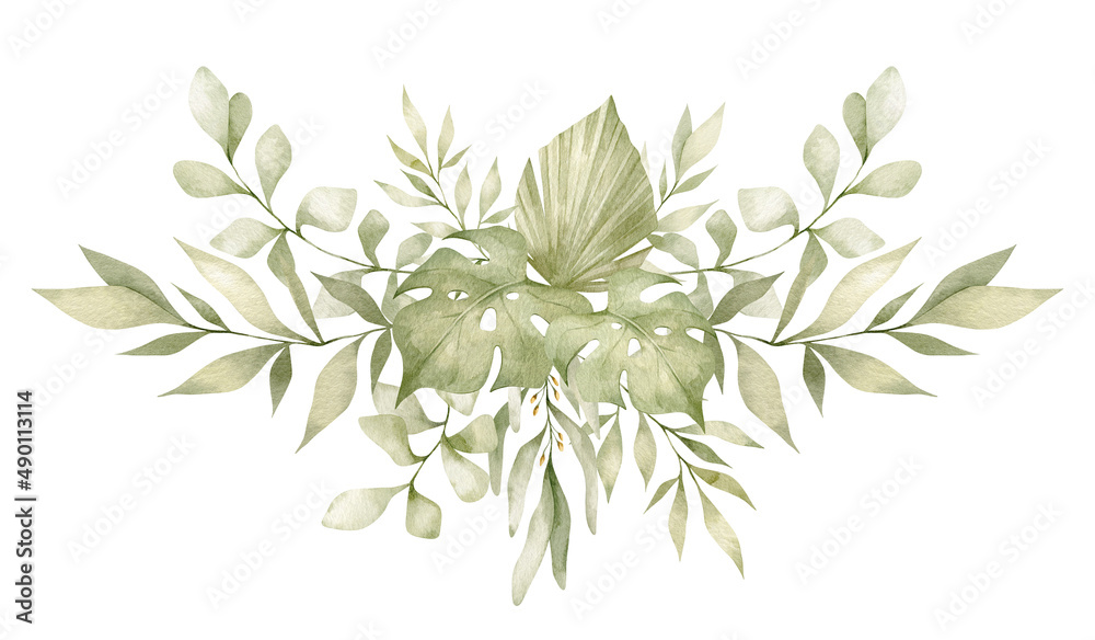 Hand-drawn watercolor bouquet. Botanical green branches and leaves. Summer mood. Floral Design elements isolated on white background Hand-drawn watercolor bouquet. Botanical green branches and leaves. Summer mood. Floral Design elements isolated on white background