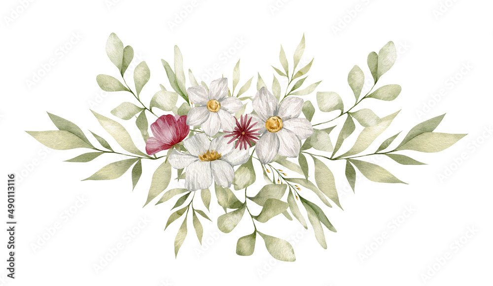 Hand-drawn watercolor bouquet. Botanical green branches, flowers, and leaves. Summer mood. Floral Design elements isolated on white background
