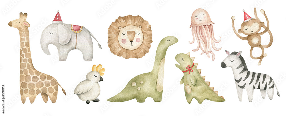 Watercolor cute toys, animals. Giraffe, elephant, parrot, lion, dinosaurs, jellyfish, zebra, monkey. 