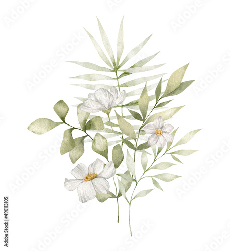 Hand-drawn watercolor bouquet. Botanical green branches, flowers, and leaves. Summer mood. Floral Design elements isolated on white background