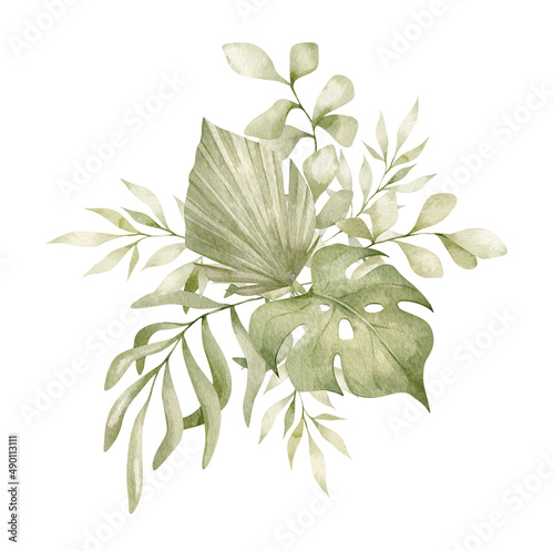 Hand-drawn watercolor bouquet. Botanical green branches and leaves. Summer mood. Floral Design elements isolated on white background