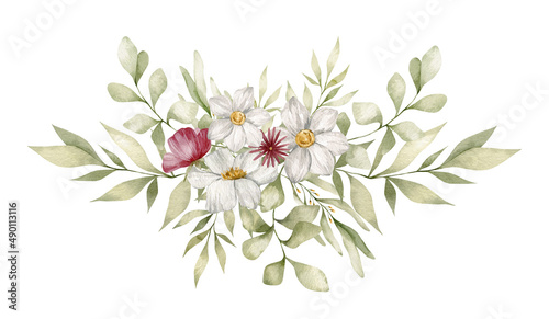 Hand-drawn watercolor bouquet. Botanical green branches  flowers  and leaves. Summer mood. Floral Design elements isolated on white background