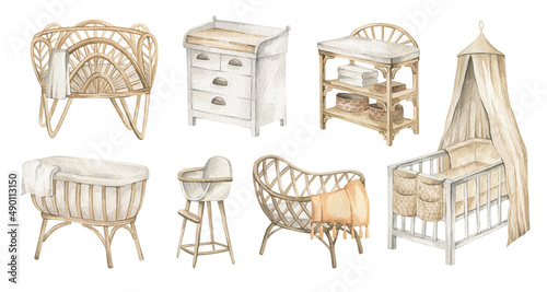 Watercolor baby furniture for the nursery. Cradle, canopy, baby bed, changing table, high chair, crib. Children's room interior