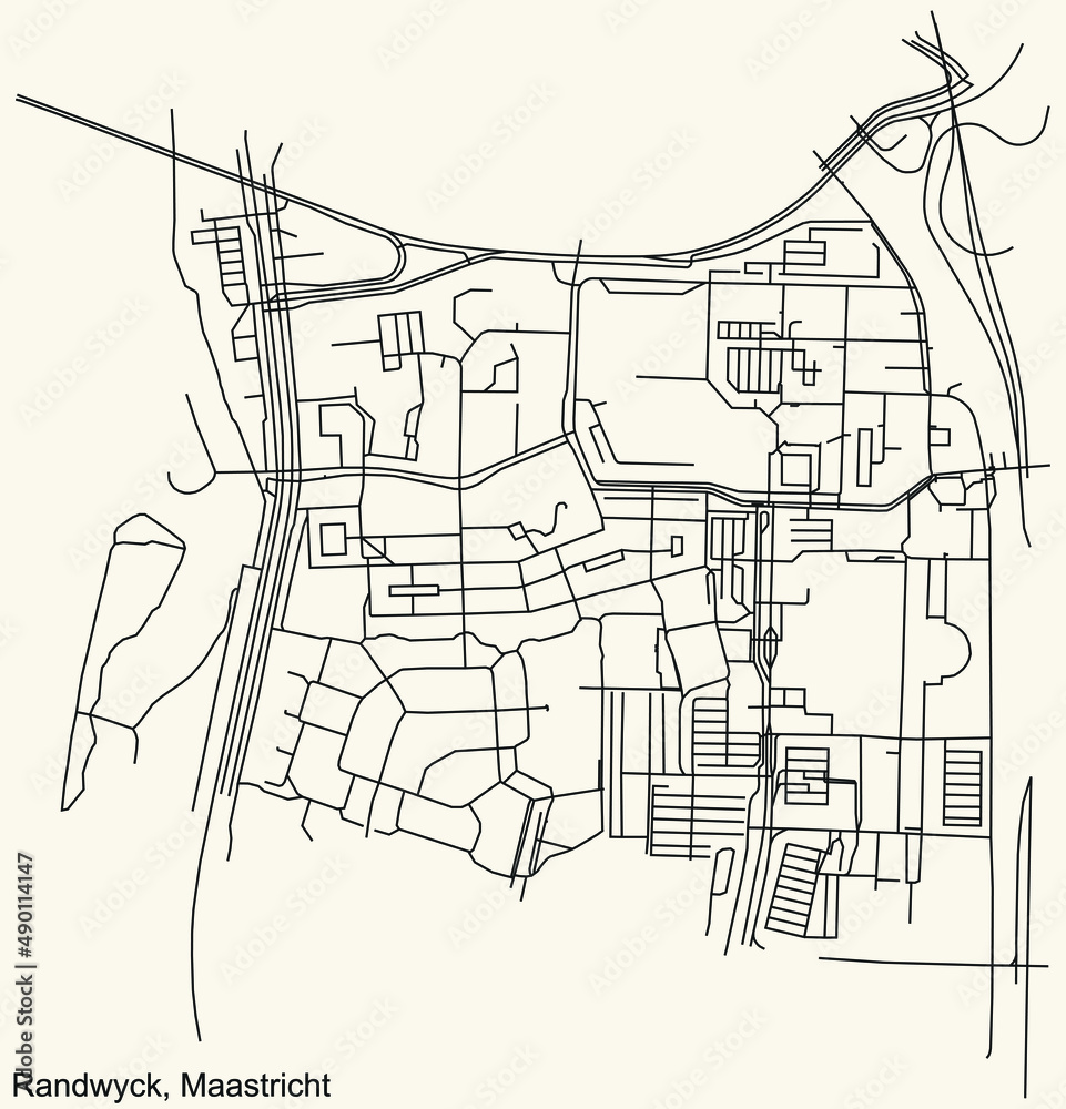 Fototapeta premium Detailed navigation black lines urban street roads map of the RANDWYCK NEIGHBORHOOD of the Dutch regional capital city Maastricht, Netherlands on vintage beige background