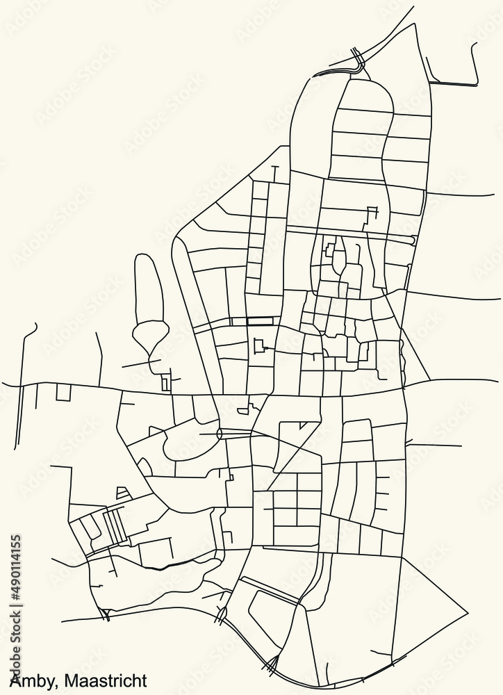 Detailed navigation black lines urban street roads map of the AMBY NEIGHBORHOOD of the Dutch regional capital city Maastricht, Netherlands on vintage beige background