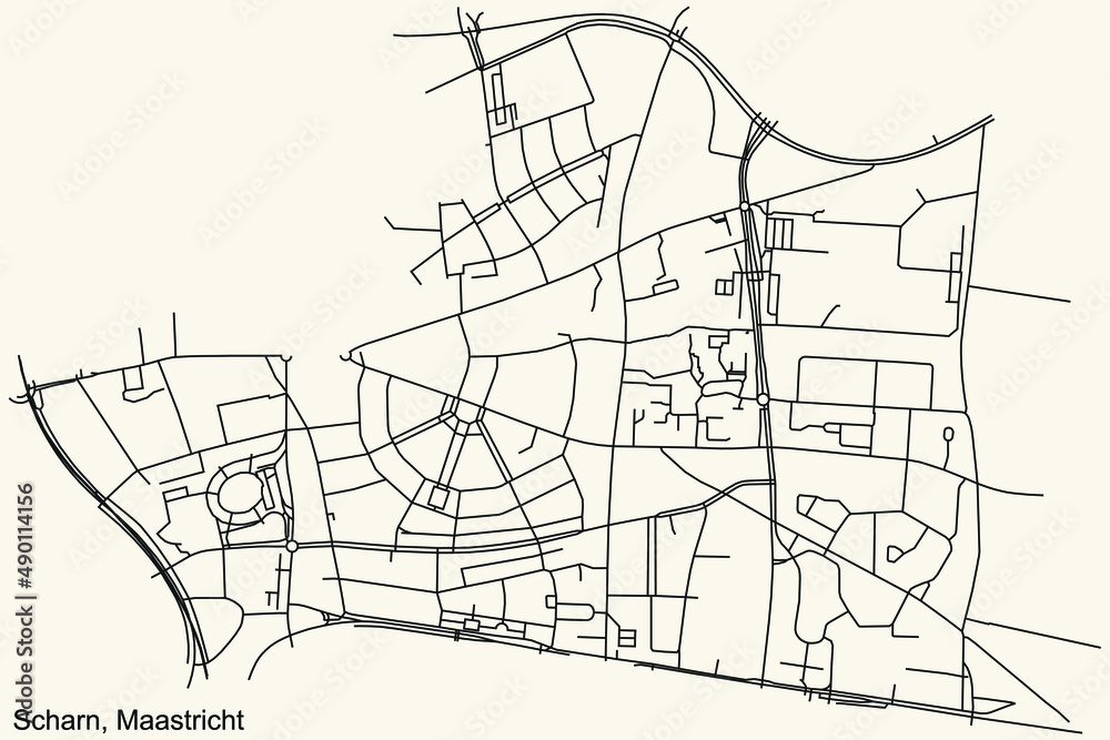 Detailed navigation black lines urban street roads map of the SCHARN NEIGHBORHOOD of the Dutch regional capital city Maastricht, Netherlands on vintage beige background