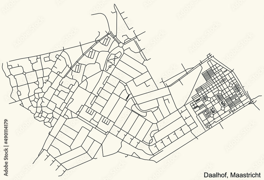 Detailed navigation black lines urban street roads map of the DAALHOF NEIGHBORHOOD of the Dutch regional capital city Maastricht, Netherlands on vintage beige background