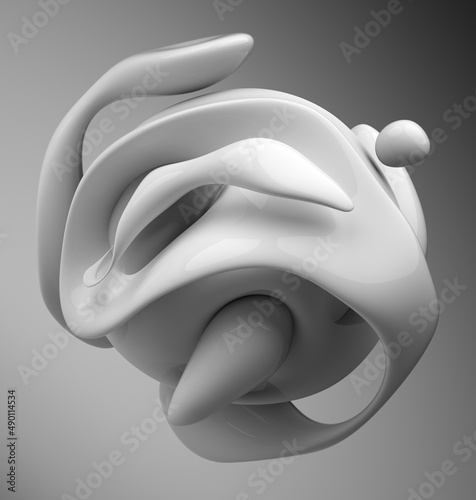 3d render of black and white monochrome abstract art piece of surreal sculpture in spherical organic curve round wavy smooth and soft bio forms in glossy plastic material on grey background photo