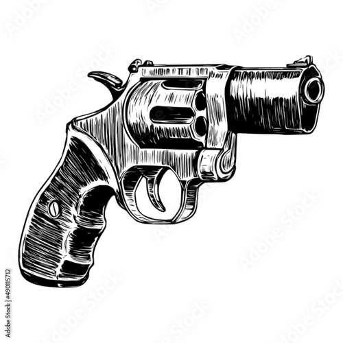 Vector sketch of a revolver. Monochrome drawing of a pistol on a white background.