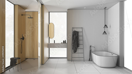 Architect interior designer concept  hand-drawn draft unfinished project that becomes real  bathroom  freestanding bathtub  washbasin  mirror and accessories  shower  ceramic tiles