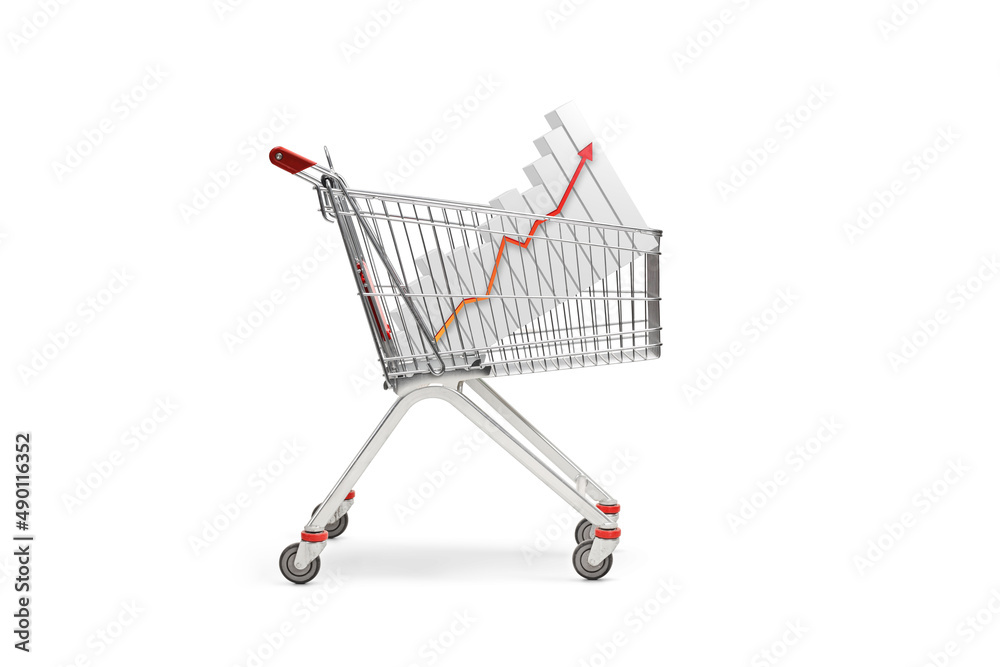 Studio shot of a shopping cart with a bar chart with red arrow