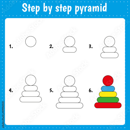 Drawing lesson for children. How draw a pyramid. Drawing tutorial. Step by step repeats the picture. Kids activity art page for book. Vector illustration.