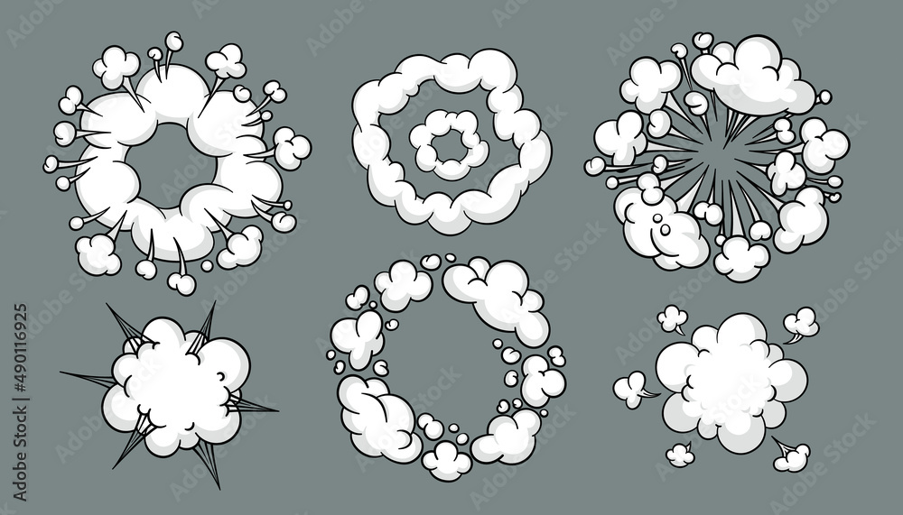 Comic cloud or smoke, cartoon vector motion effects, and explosions Comic cloud or smoke, cartoon vector motion effects, and explosions