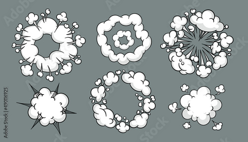 Comic cloud or smoke, cartoon vector motion effects, and explosions