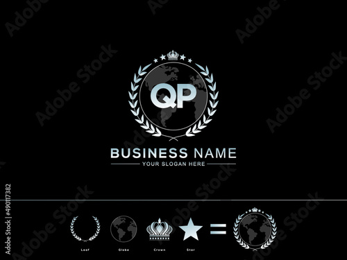 Creative QP Letter logo, Vintage and Monogram qp Log Letter with Creative circle Leaf Globe Royal Crown and Star Design photo