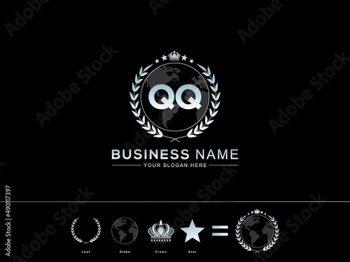 Creative QQ Letter logo, Vintage and Monogram qq Log Letter with Creative circle Leaf Globe Royal Crown and Star Design