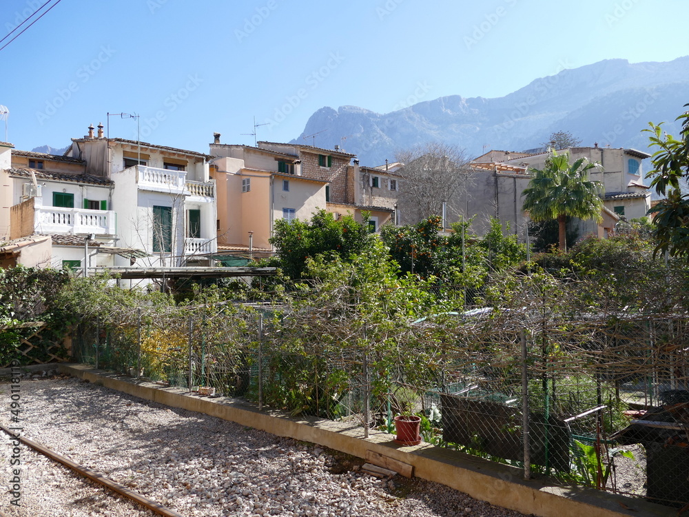 Houses and gardens in Soller, Mallorca, Balearic Island, Spain, with the Tramuntana mountains in the background