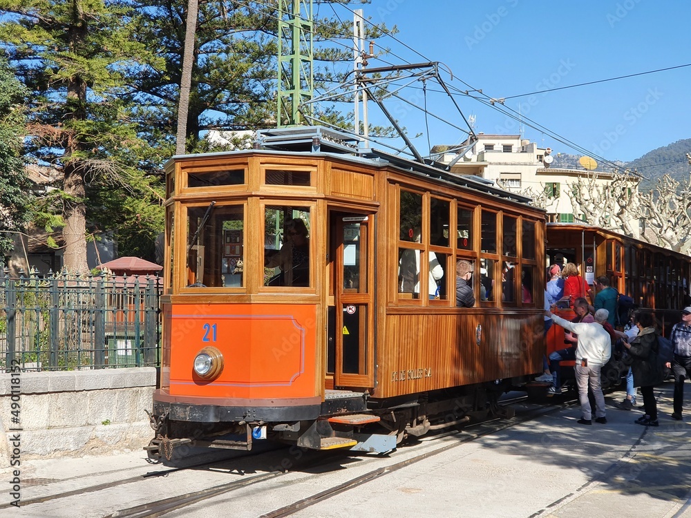 Railcar of the historic tram from Soller to Port de Soller in Soller, Mallorca, Balearic Islands, Spain (F.C. DE SOLLER S.A. = Railway of Soller Society)