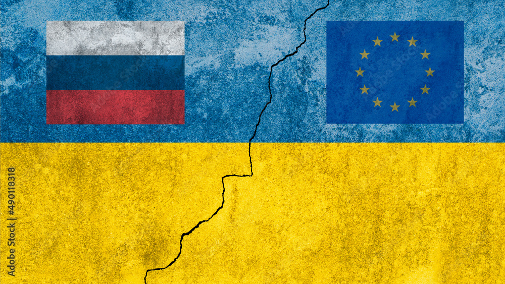 flag of Ukraine and European union and Russia on wall background.