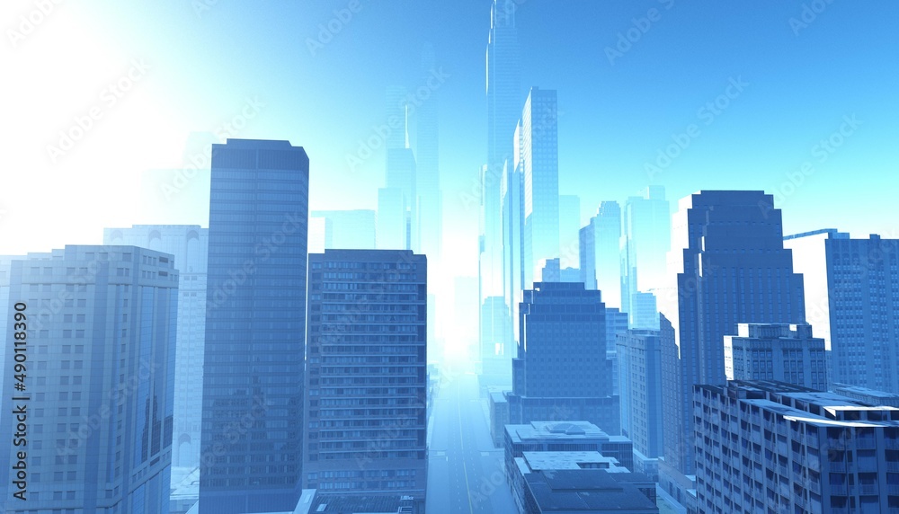 City in the rays of the sun in the morning in the fog, 3d rendering