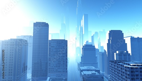 City in the rays of the sun in the morning in the fog  3d rendering