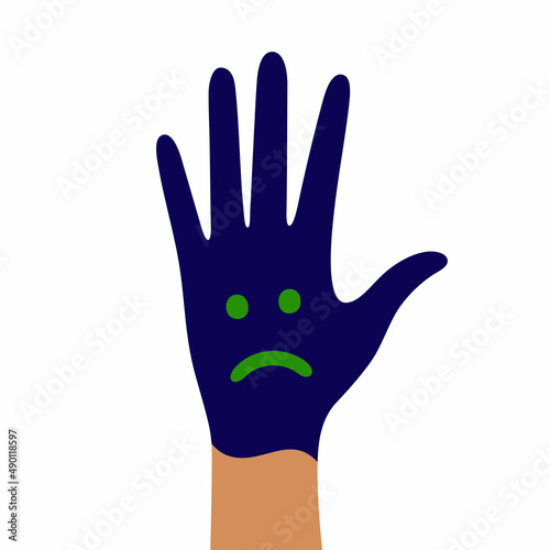 A child's hand in blue paint with a painted sad smiley face and eyes on a white background.