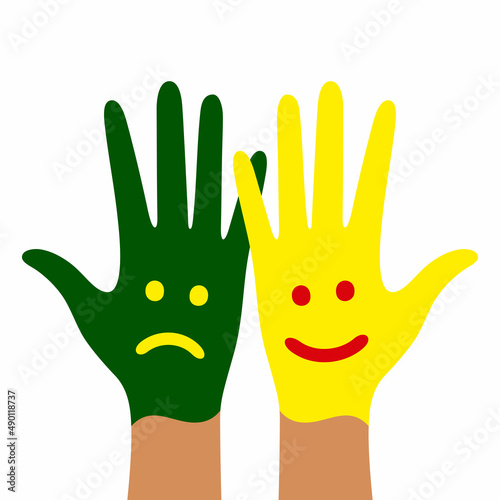 Silhouettes of children's hands in paint with a cheerful and sad face.