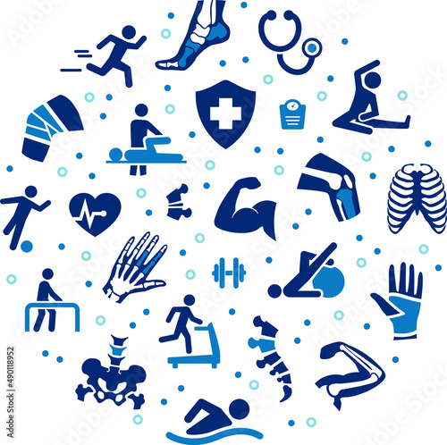 Sports medicine / rehabilitation vector illustration. Blue concept with icons related to orthopedic treatment of skeletal injury or trauma, rehab therapy, physiotherapy, medical assisted training.