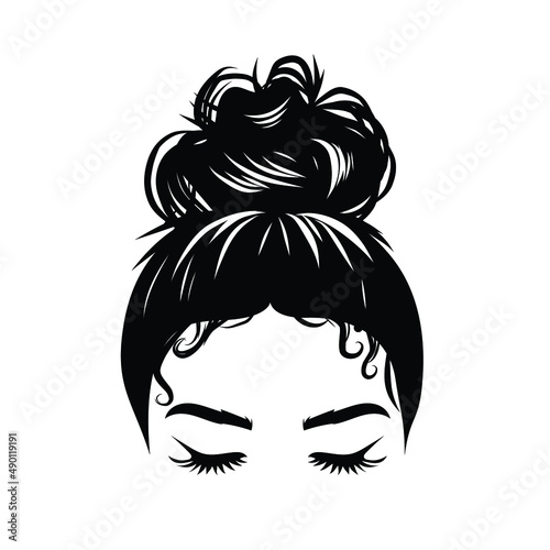 Hand-drawn girl with messy curly hairstyle - hair bun. Mom lifestyle clip art for prints