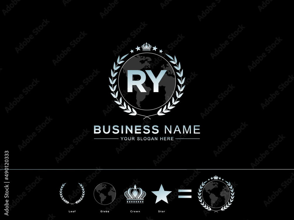 Initial RY Logo, Monogram ry Letter Icon with Colorful circle Leaf Globe Royal Crown and Star Logo Image Vector - obrazy, fototapety, plakaty 