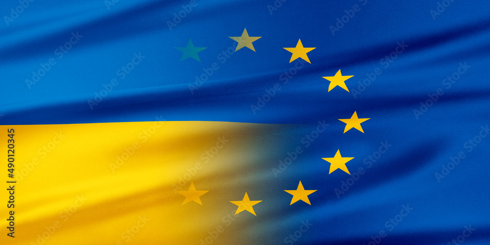 Flag of Ukraine and the flag of the European Union. 3d Rendering.