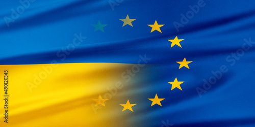 Obraz na płótnie Flag of Ukraine and the flag of the European Union. 3d Rendering. w salonie