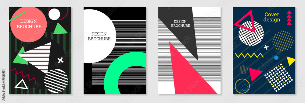 Set of cover design in Memphis style. Geometric design, abstract background. Fashionable bright cover, banner, poster, booklet. Creative colors. Set of cover design in Memphis style. Geometric design, abstract background. Fashionable bright cover, banner, poster, booklet. Creative colors.