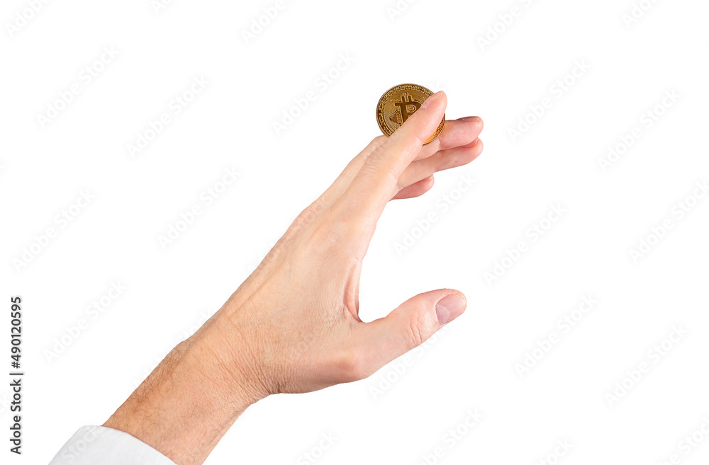 Focus with coin. Man hand holding coin isolated on white background. Financial fraud, cheating concept. High quality photo