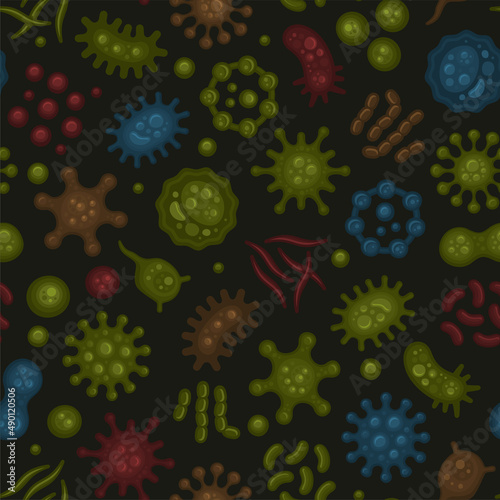 Microbe and Virus under Microscope Seamless Pattern. Vector