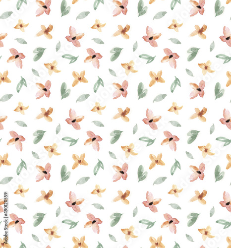 watercolor seamless pattern with yellow flowers and green leaves for textile wallpaper surface pattern © Yanna Verver