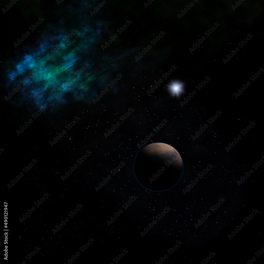 Planet in a space against stars. 3D rendering.
