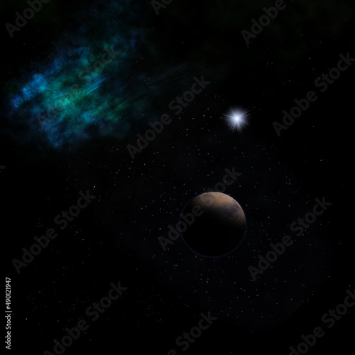 Planet in a space against stars. 3D rendering. © Anatolii