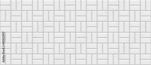Tile subway wall. Seamless brick metro background. White kitchen backsplash. Ceramic pattern. Apron faience print. Cement texture. Retro rectangle brickwall. Vintage stone surface. Vector illustration