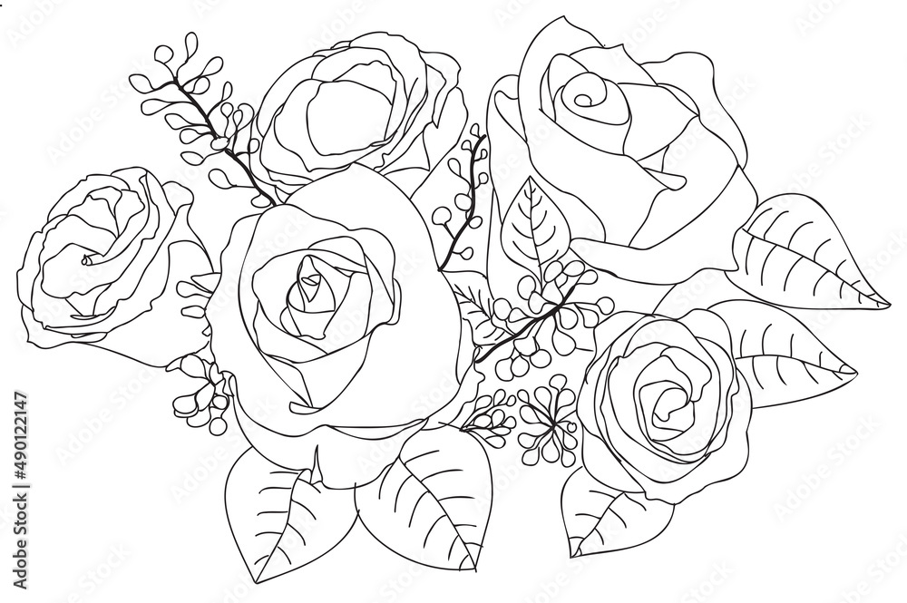 Line art roses bouquet, roses with black thin line, outline ornate illustration, floral bouquet contour drawing. Line art roses bouquet, roses with black thin line, outline ornate illustration, floral bouquet contour drawing.