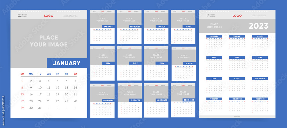 2023 wall calendar template design. Ready to use corporate business calendar with place for image and logo. Vector vertical 12 months 2023 calendar. Starts on Sunday.