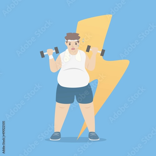 Goal to Weight loss setting,Make Realistic,motivation and building self-confidence,intense exercise program belly busting workouts and burn more fat,Fat man lifting dumbbells,Vector illustration.