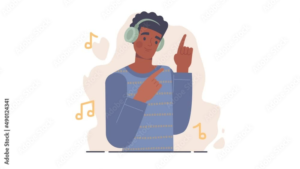 Music person video concept. Young moving man with headphones listening to song or melody, dancing and having fun. Entertainment for teenagers and adults. Popular track. Flat graphic animated cartoon Music person video concept. Young moving man with headphones listening to song or melody, dancing and having fun. Entertainment for teenagers and adults. Popular track. Flat graphic animated cartoon