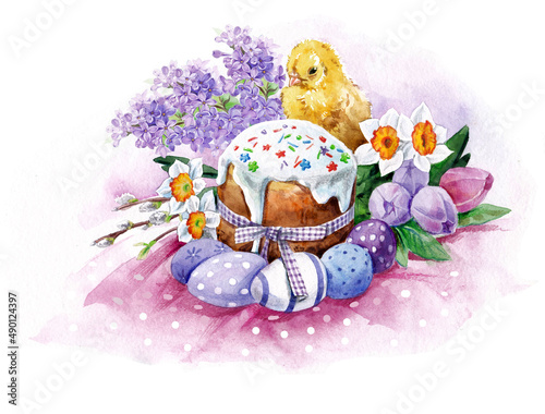 Watercolor Chicken and cake with spring flowers and colorful Easter eggs with polka dots isolated on white background. Bouquet of tulips, daffodils and willow , lilac.